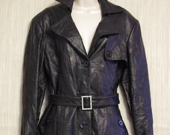 Donica  Crinkle Leather Black  belted Coat Size:XL