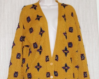 James Campri New York Yellow Print Hand Knit Vintage Oversized Button Long Cardigan Women&#39;s Sweater Size:M