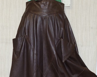 Echtes leder Italy Brown Leather Plaid Flare Boho Midi Skirt Size :36 (waist 24")