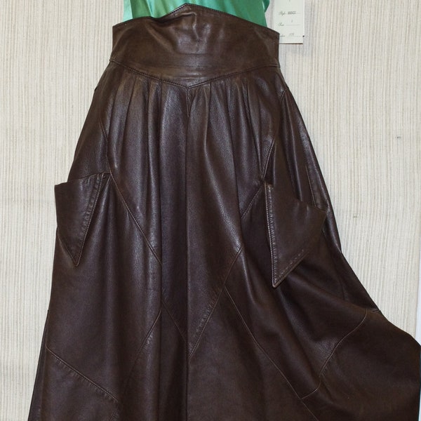 Echtes leder Italy Brown Leather Plaid Flare Boho Midi Skirt Size :36 (waist 24")