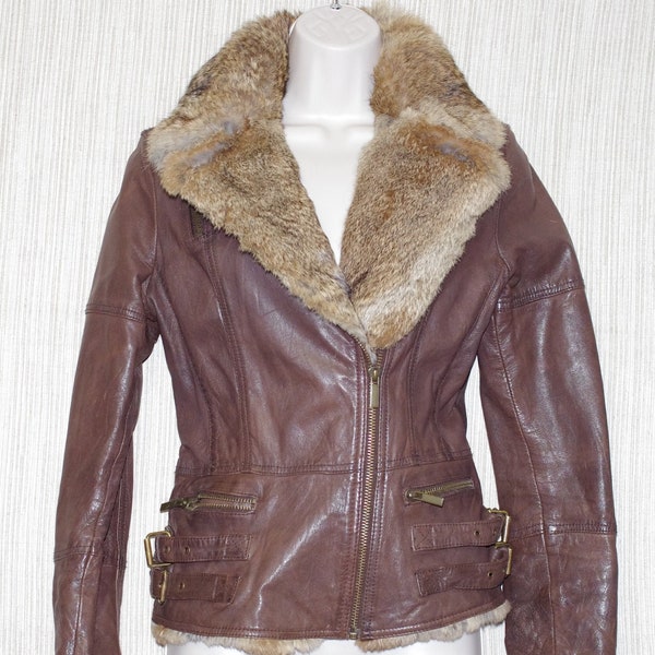 Barneys Co-Op Brown Leather Rabbit Collar Trim Women Jacket Coat Size:S