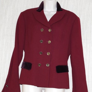 Tahari Vintage Wool Burgundy Red Velvet Trim Double Breasted  Gold Button Women Jacket Size:12