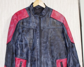 J4 Jacket Leather Black Red Biker Jacket Bomber Men's Size:L