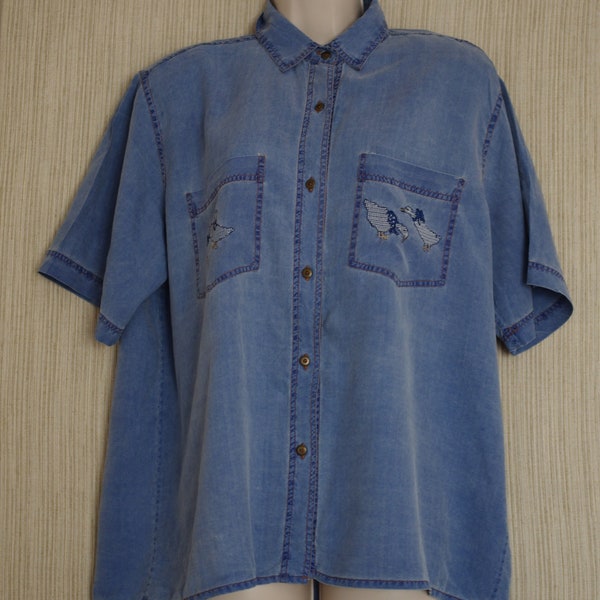 Pura Seta Denim Blue Duck Patch Silk Short sleeve Button Oversized Shirt Size:M