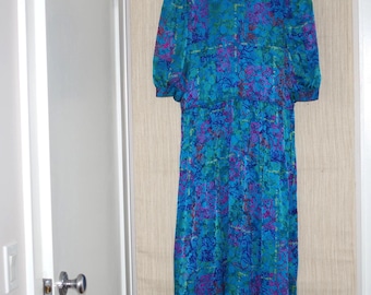 Adrianna Papell zijden kraag met korte mouwen en geplooide blauwgroen blauwe bloemen midi-jurk Maat: 6