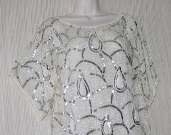 Blusa de noche formal vintage de seda color crema con cuentas y perlas, cuello barco, manga corta, lentejuelas, talla M, hecha en India.