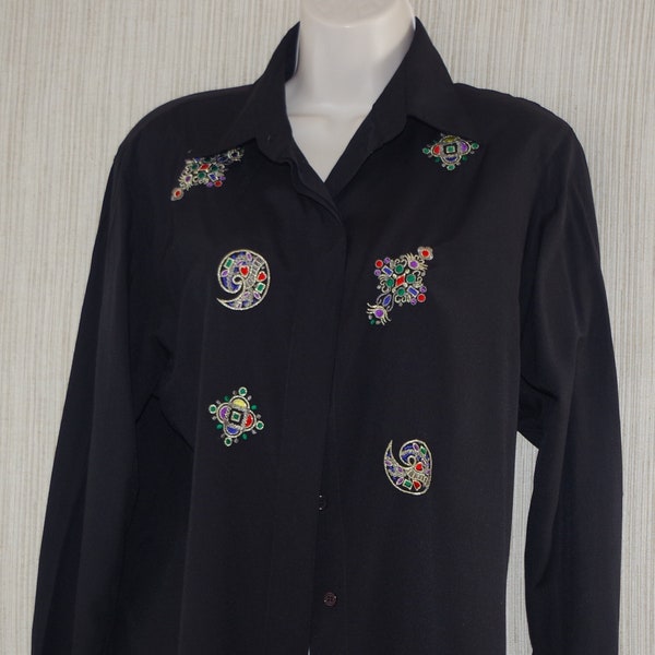 Yves St. Clair Black Rayon Embroidered button Long Sleeve Shirt Size:12