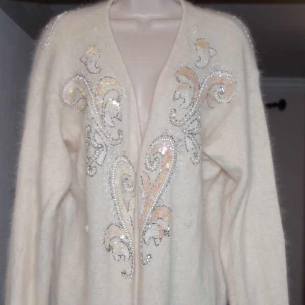 Vintage Collection Ivory Angora Wool Beaded Long  Cardigan Size : 14