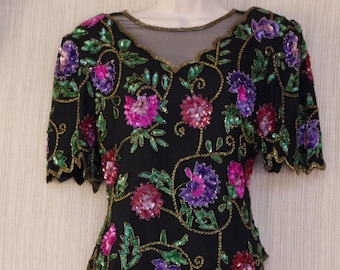 Vintage 1980s Laurence Kazar Black Pure Silk Sequin Beaded Floral Blouse Size:L