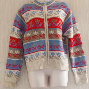 Geiger  Tyrol Austria Wool Blue Beige red Multi Color Zip Cardigan Women size 38