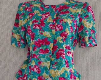 Papell Petites Vintage Silk Blue Yellov Red Floral Short Sleeve Button Top Size:10P