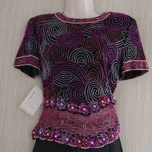 Laurence Kazar Black Purple Floral Silk Beaded Short Sleeve Evening Multicolor Top Size: S