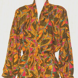 Hana Sung Silk Long Sleeve Green Yellow Print Button Midi Dress Size:12