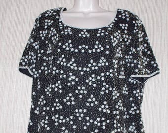 ADRIANNA PAPELL EVENING Top vintage de manga corta con cuentas y estampado floral blanco y negro para mujer, talla 16