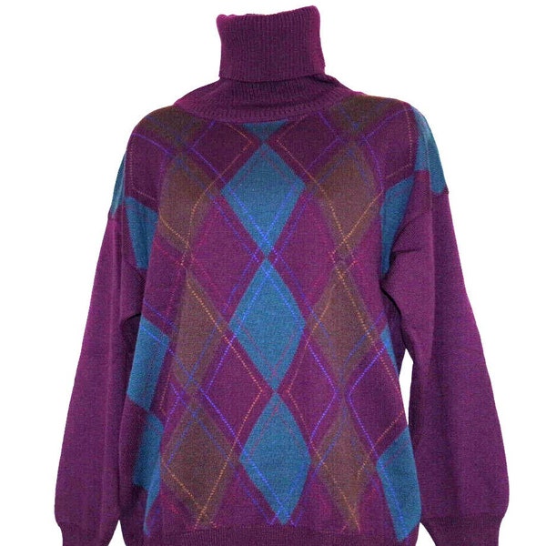 Vintage Tricots st Raphael Purple turtleneck diamond Virgin wool sweater M