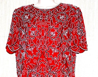 Red Silk Beaded  floral Short Sleeve Women Embroidery Top Blouse Vintage Size 2XL