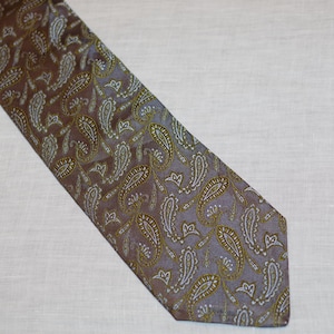 Puede incluir: Una corbata con estampado de cachemira marrón y gris. La corbata presenta un diseño repetido de motivos de cachemira en forma de lágrima en tonos marrón, gris y verde claro. La corbata está hecha de una tela brillante.