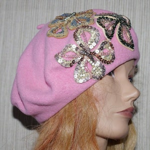 amanda K. Boiled Wool Pink embroidered Sequin beret