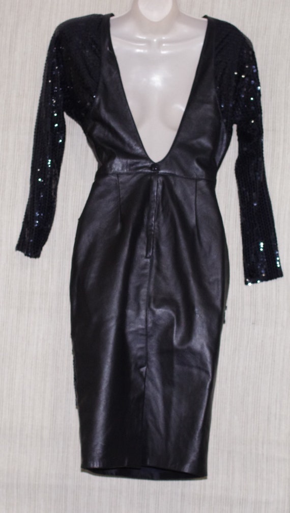 Cache Black Leather Sequin Open Back Cocktail Lon… - image 3