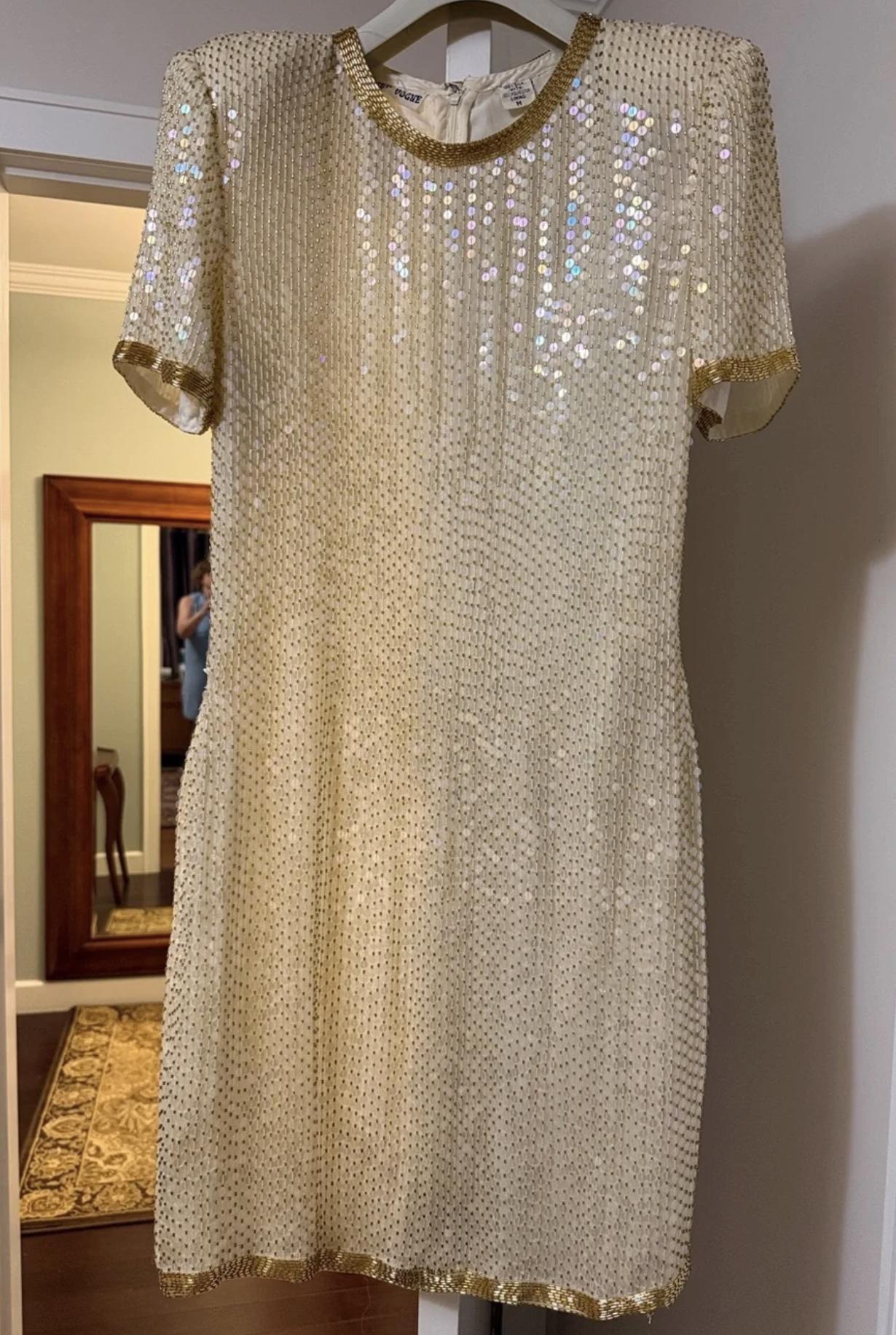 worthington gold dress Right Vogue Vintage Silk Beaded Big Shoulder Short Sleeve Cream Size: M Best Seller