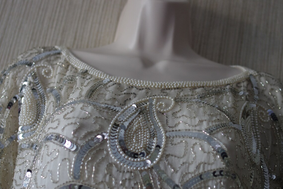 Vintage Cream Silk Beaded Pearled Boat Neck Short Sleeve Formal Sequin ...