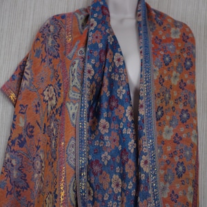 Pashmina 100% Pashmina Blue Orange Floral Metallic Wrap Shawl Scarf