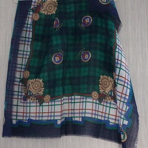 blue green plaid print wool square scarf 30&quot; x 30&quot;