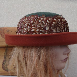 Whittall & Shon Brown Green Bollman Wool Feather Hat cloche