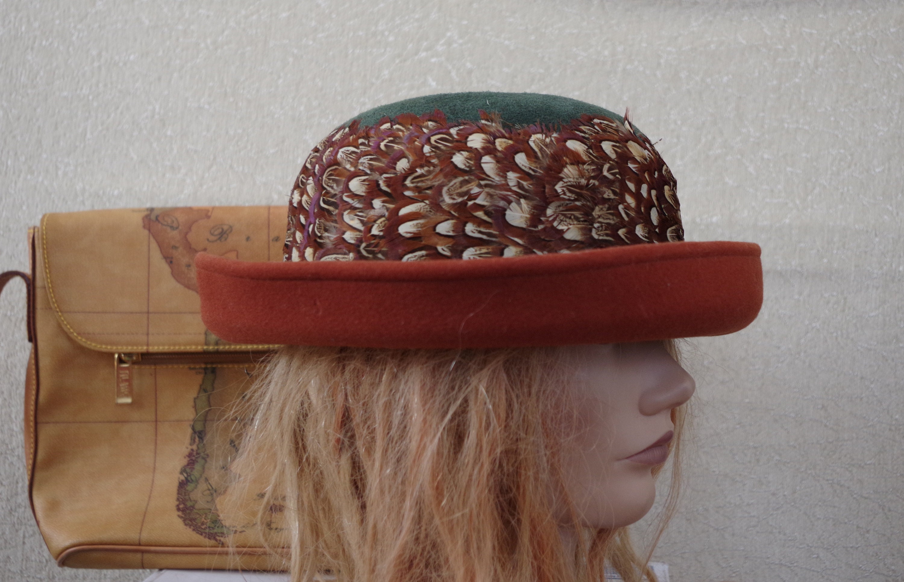 Whittall & Shon Brown Green Bollman Wool Feather Hat Cloche  display picture 1