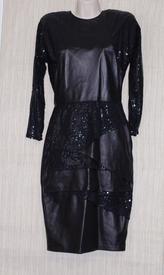 Cache Black Leather Sequin Open Back Cocktail Lon… - image 1