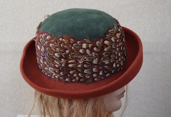 Buy Whittall & Shon Brown Green Bollman Wool Feather Hat 