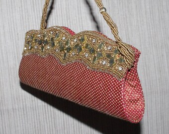 Vintage Gold Red Beaded Stoned Evening Clutch