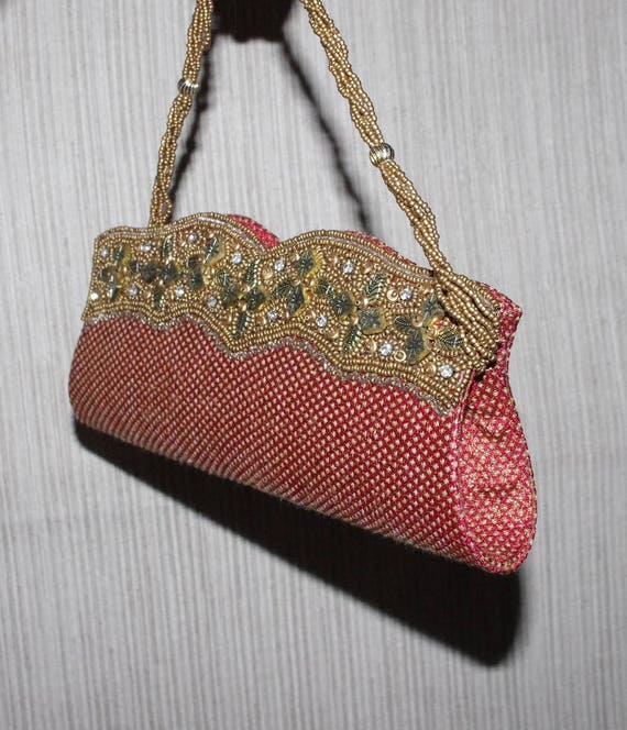 Vintage Gold Red Beaded Stoned Evening Clutch