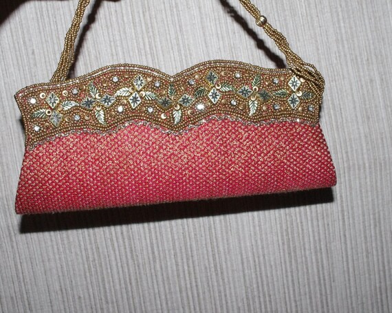 Vintage Gold Red Beaded Stoned Evening Clutch - image 2