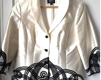 Adrianna Papell Women’s Silk White W/Black Trim Evening Blazer Jacket Size 10