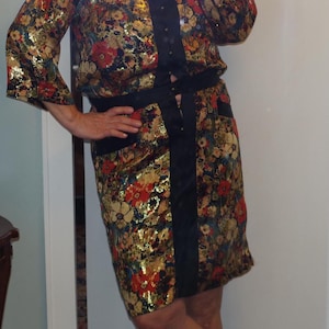 Nicole Miller Collection Vintage Silk Metallic Gold Floral 3/4 Sleeve Dress Size:L
