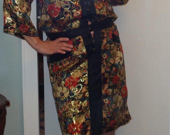 Nicole Miller Collection Vintage Silk Metallic Gold Floral 3/4 Sleeve Dress Size:L