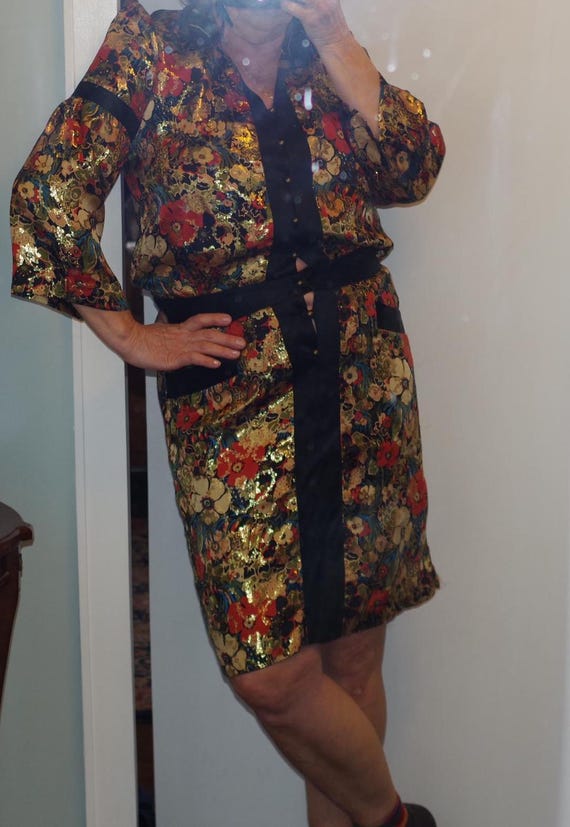 Nicole Miller Collection Vintage Silk Metallic Gold Floral 3/4 Sleeve Dress Size:l - Etsy Canada Nicole Miller Collection Vintage Silk Metallic Gold Floral 3/4 Sleeve Dress Size:l - Etsy Canada