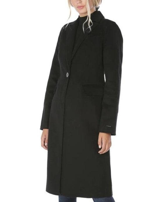 Tahari Black Kayla Notch Collar One Button Wool Blend in Coat