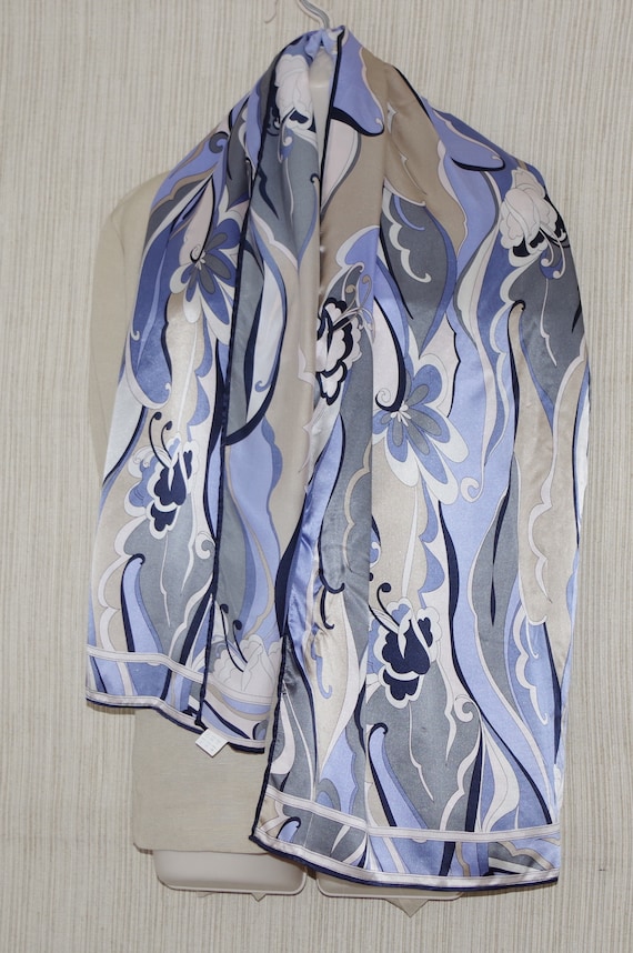 Unbranded Blue Floral Gray Silver Silk Long Scarf/