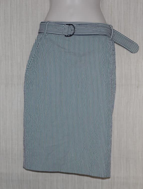 Akris, Akris Cotton Blend White Blue striped vintage pencil belted Pencil skirt Size:4