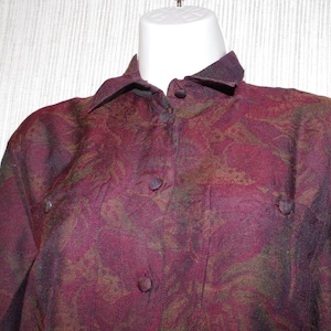 ZANELLA Italie Bordeaux rayonne Floral acétate manches longues bouton vers le bas de la Blouse chemise Vintage femme taille 40/6
