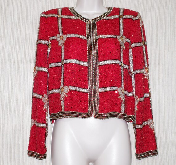 Laurence Kazar Red Silk Beaded Silver flower Vinta