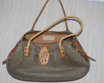 Eric Javits Woven Purse Brown Leather Shoulder Bag 17"L x 5"W x 9"H