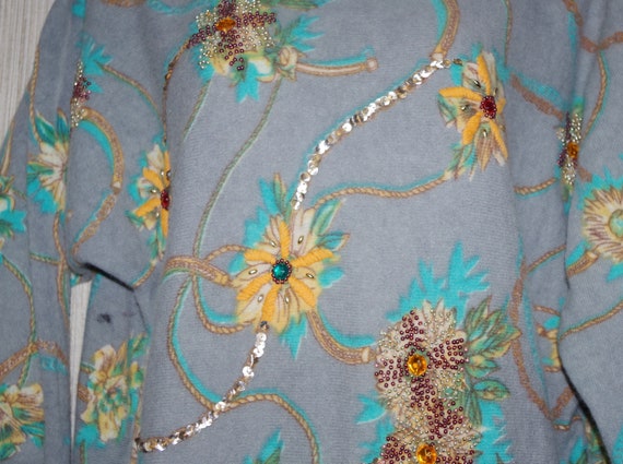 VIVIEN FOREST Gray Blue Beaded Floral Lambswool A… - image 1