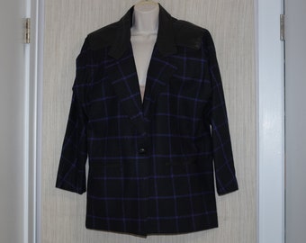 Adolfo Atelier Wool Leather Trim Plaid Black Blue Blazer Jacket