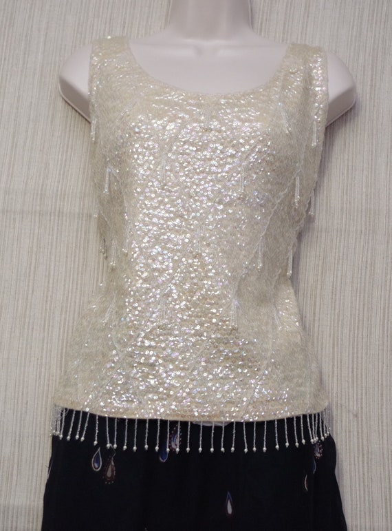 Cream Sleeveless Wool Beaded Vintage Tank Fringe T