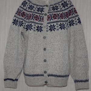 Tricotado à mão em lã Danspun na Dinamarca Fair Isle Snow Flakes Cardigan unissex Tamanho: XL