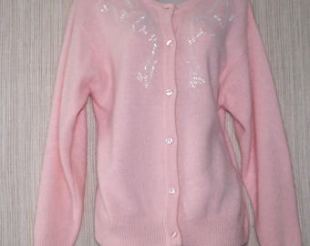 Rafaella Pink Angora lambswool Beaded Button Sweater Cardigan Size:M