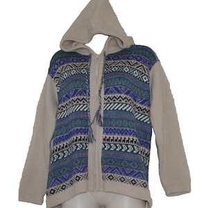 Inka Tradition Baby Alpaca Hooded Beige Blue Cardigan Zip Sweater Size:M
